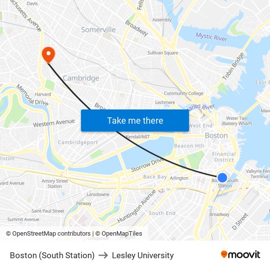 Boston (South Station) to Lesley University map