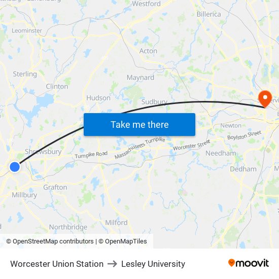 Worcester Union Station to Lesley University map