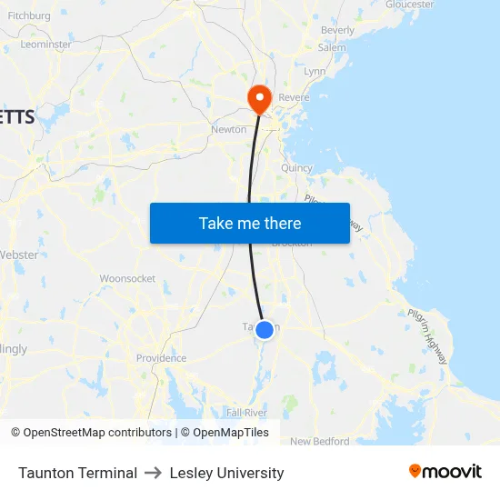 Taunton Terminal to Lesley University map
