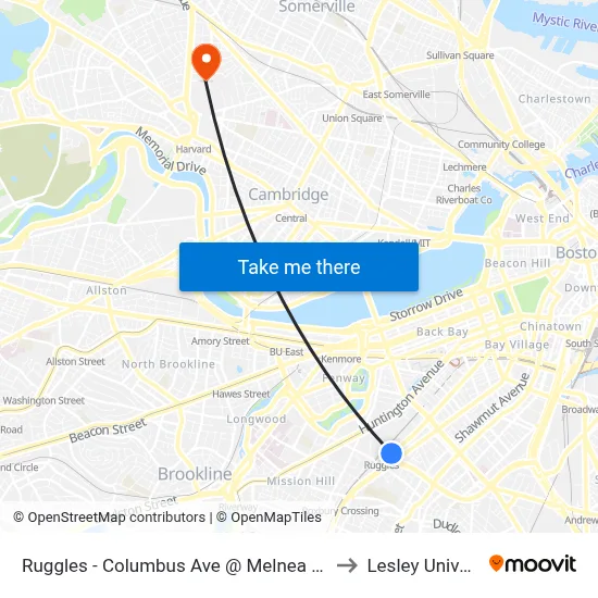 Ruggles - Columbus Ave @ Melnea Cass Blvd to Lesley University map