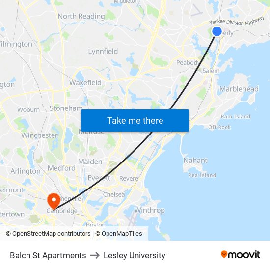 Balch St Apartments to Lesley University map