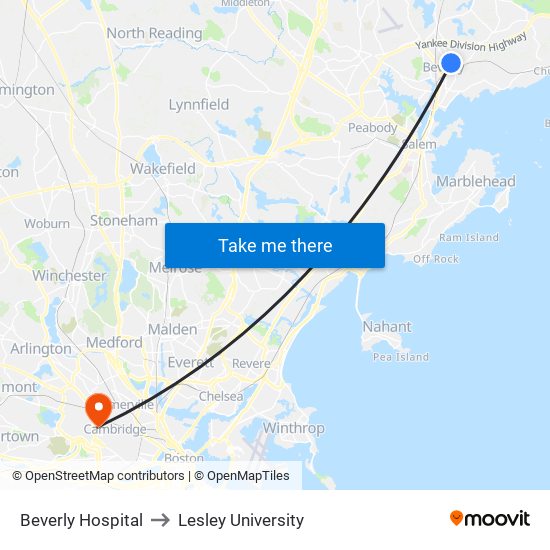 Beverly Hospital to Lesley University map