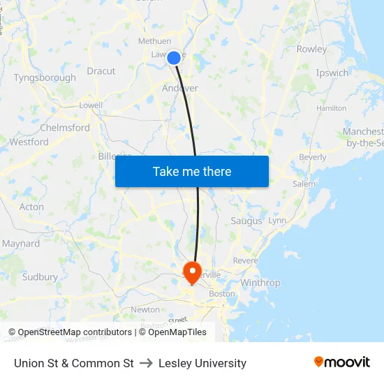 Union St & Common St to Lesley University map