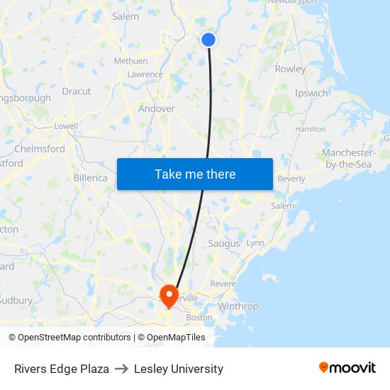 Rivers Edge Plaza to Lesley University map