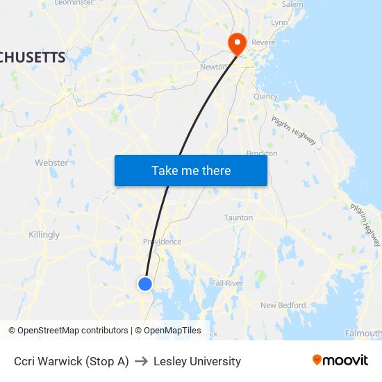 Ccri Warwick (Stop A) to Lesley University map