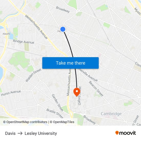 Davis to Lesley University map