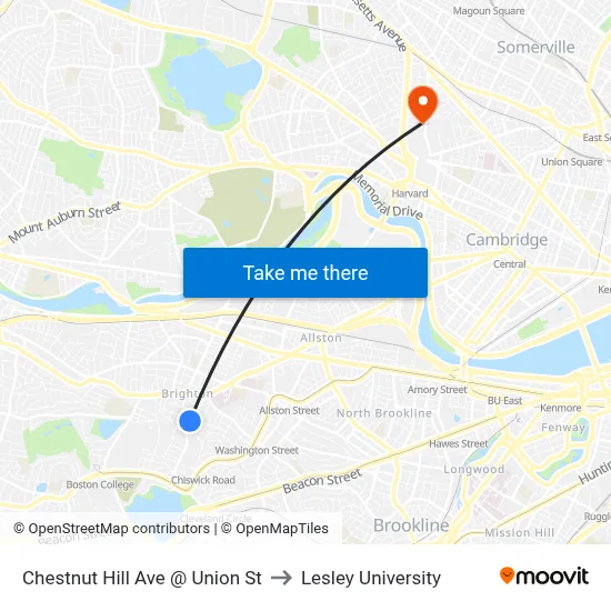 Chestnut Hill Ave @ Union St to Lesley University map