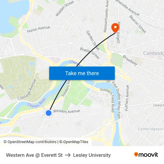Western Ave @ Everett St to Lesley University map