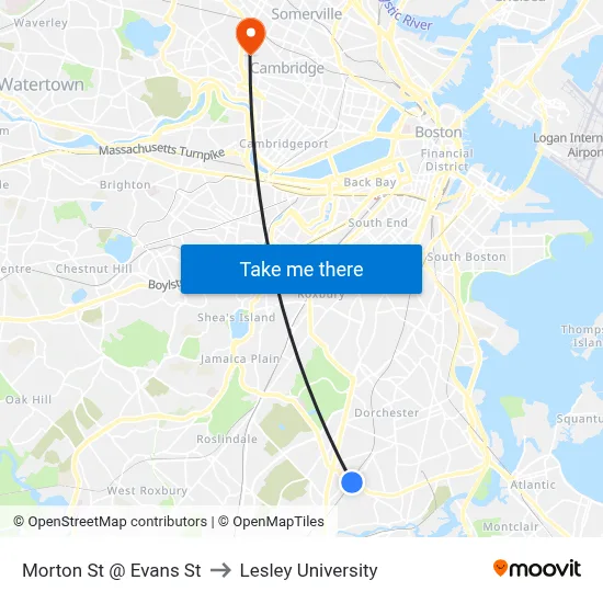 Morton St @ Evans St to Lesley University map