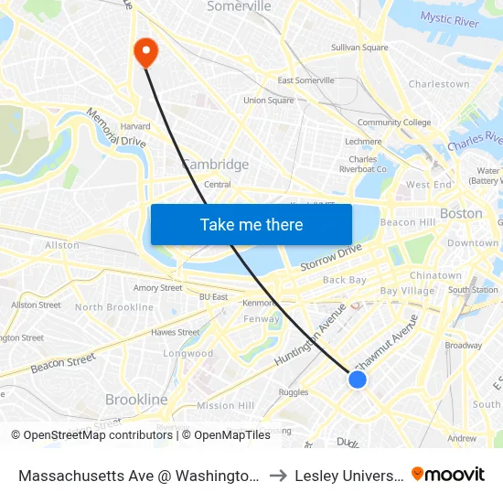 Massachusetts Ave @ Washington St to Lesley University map