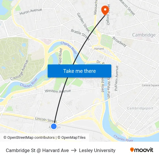 Cambridge St @ Harvard Ave to Lesley University map