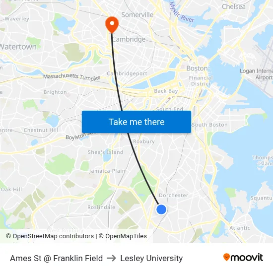 Ames St @ Franklin Field to Lesley University map