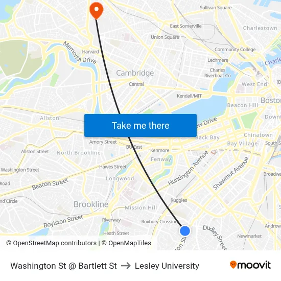 Washington St @ Bartlett St to Lesley University map