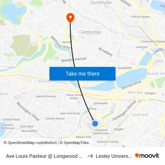 Ave Louis Pasteur @ Longwood Ave to Lesley University map