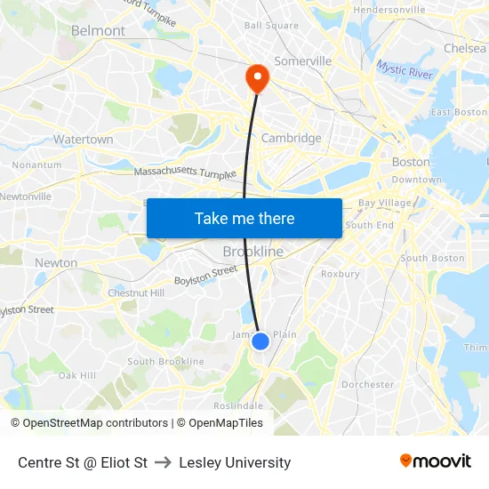 Centre St @ Eliot St to Lesley University map