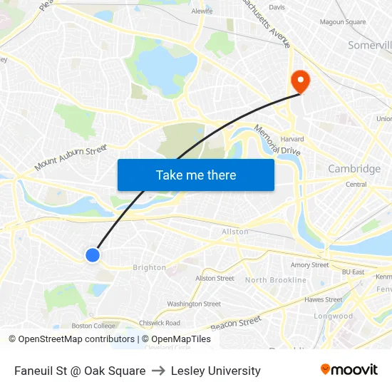 Faneuil St @ Oak Square to Lesley University map