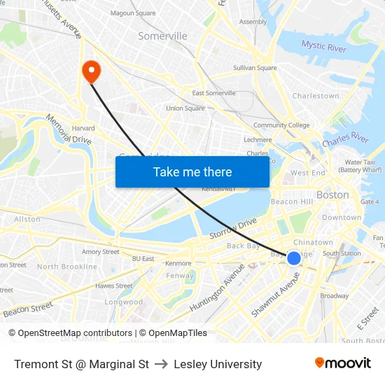 Tremont St @ Marginal St to Lesley University map