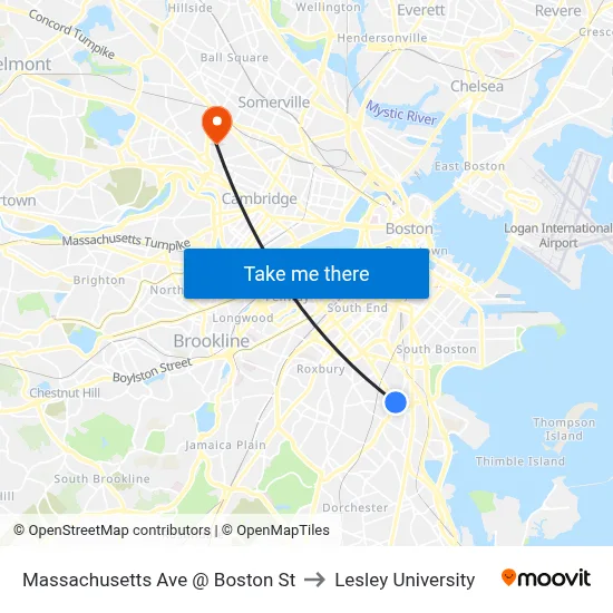 Massachusetts Ave @ Boston St to Lesley University map