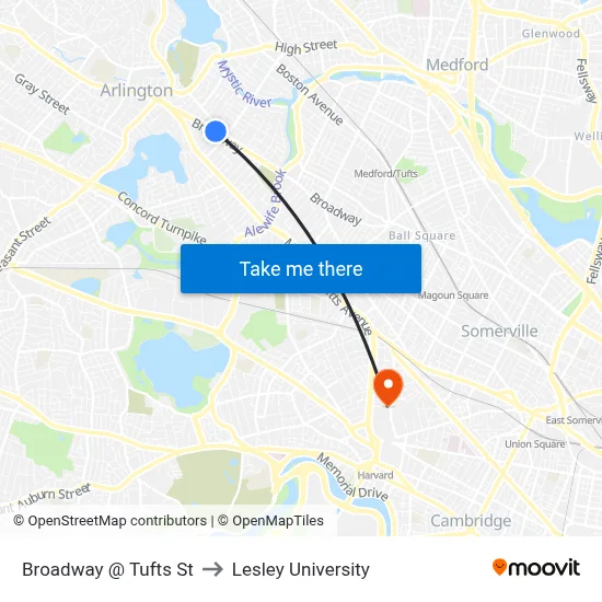 Broadway @ Tufts St to Lesley University map