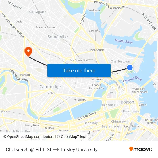 Chelsea St @ Fifth St to Lesley University map