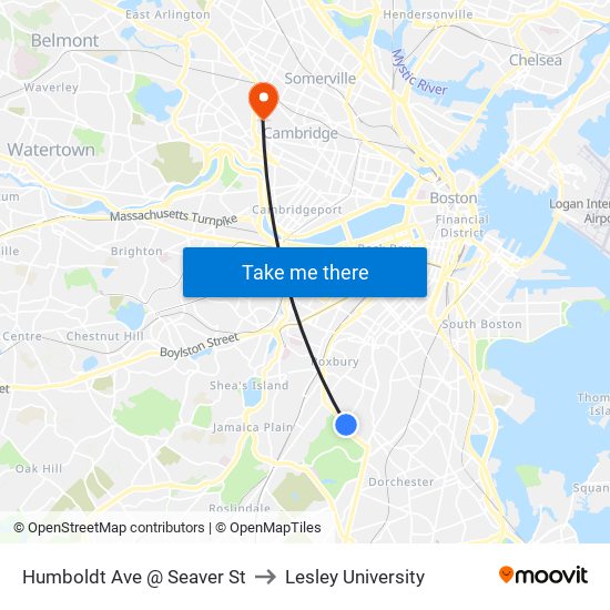 Humboldt Ave @ Seaver St to Lesley University map