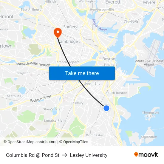 Columbia Rd @ Pond St to Lesley University map