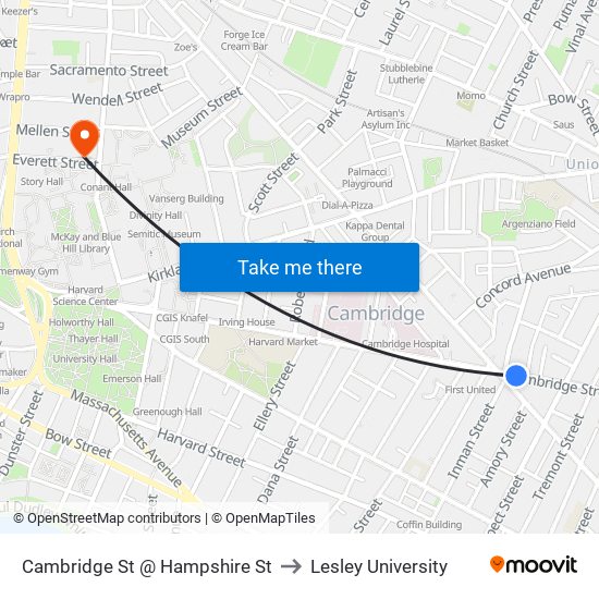 Cambridge St @ Hampshire St to Lesley University map