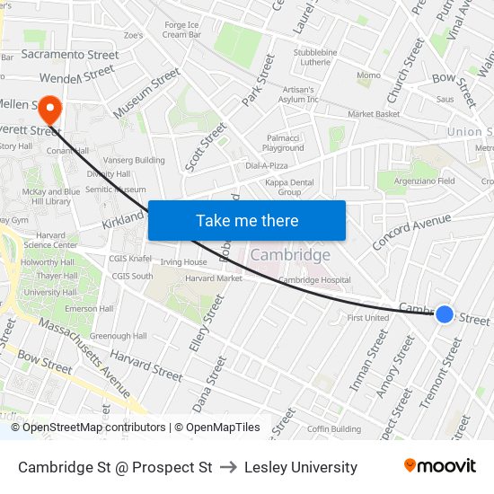 Cambridge St @ Prospect St to Lesley University map