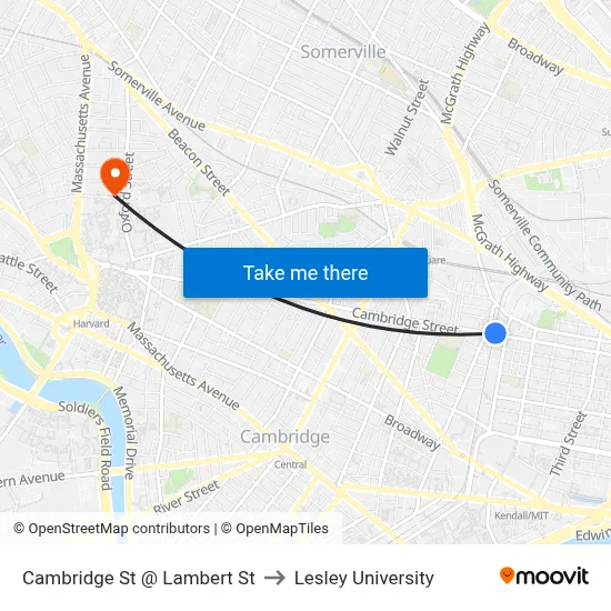 Cambridge St @ Lambert St to Lesley University map