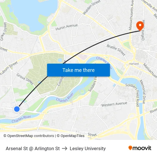 Arsenal St @ Arlington St to Lesley University map