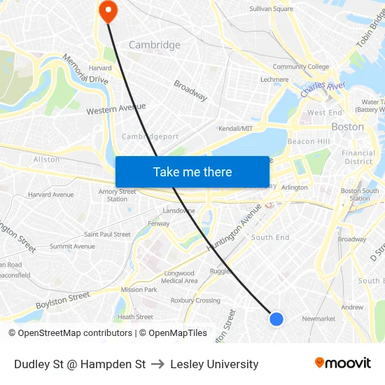 Dudley St @ Hampden St to Lesley University map