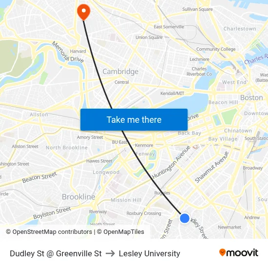 Dudley St @ Greenville St to Lesley University map
