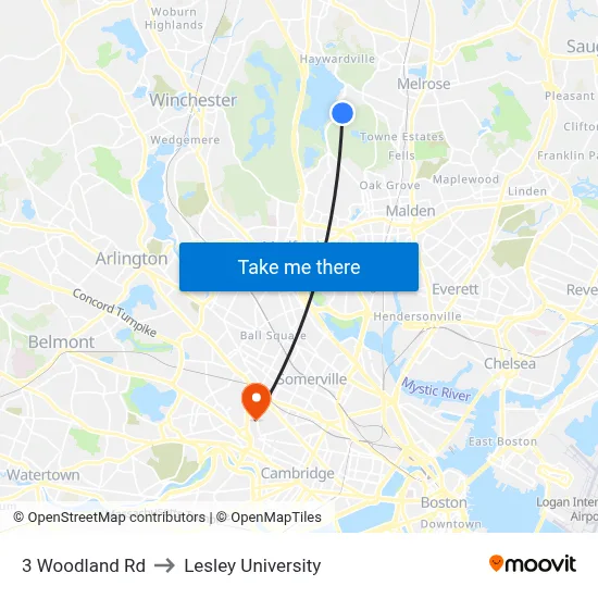 3 Woodland Rd to Lesley University map