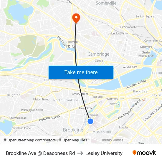 Brookline Ave @ Deaconess Rd to Lesley University map