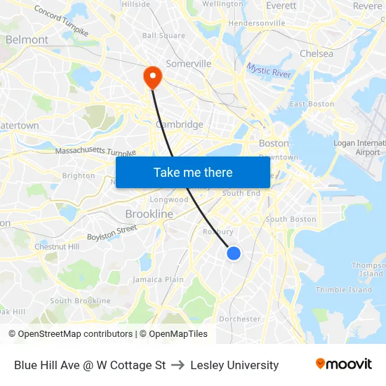Blue Hill Ave @ W Cottage St to Lesley University map