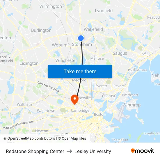 Redstone Shopping Center to Lesley University map