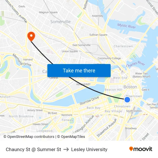 Chauncy St @ Summer St to Lesley University map