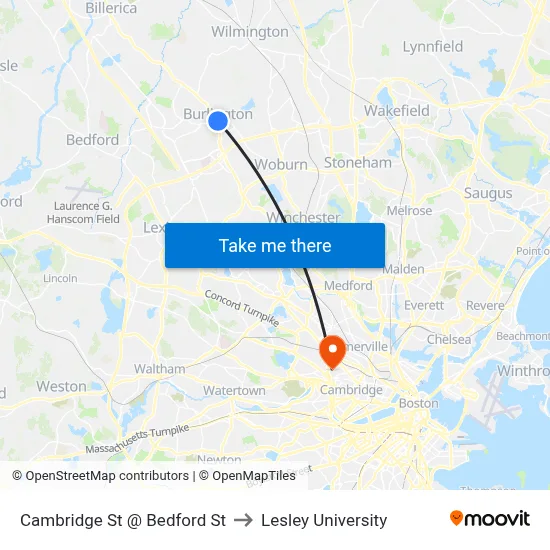 Cambridge St @ Bedford St to Lesley University map