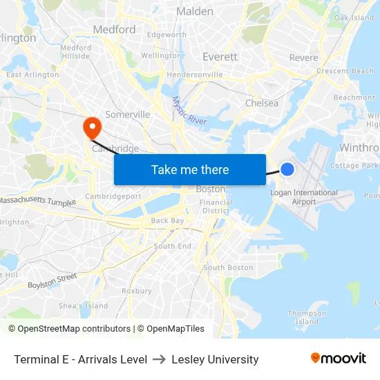 Terminal E - Arrivals Level to Lesley University map