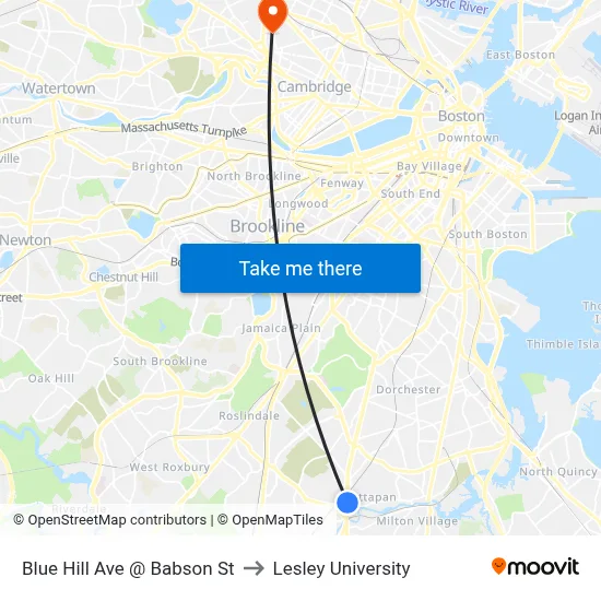 Blue Hill Ave @ Babson St to Lesley University map