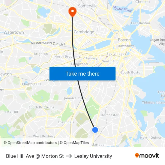 Blue Hill Ave @ Morton St to Lesley University map