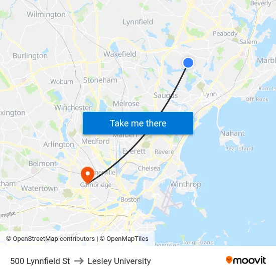 500 Lynnfield St to Lesley University map
