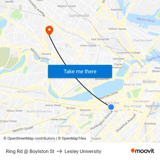 Ring Rd @ Boylston St to Lesley University map