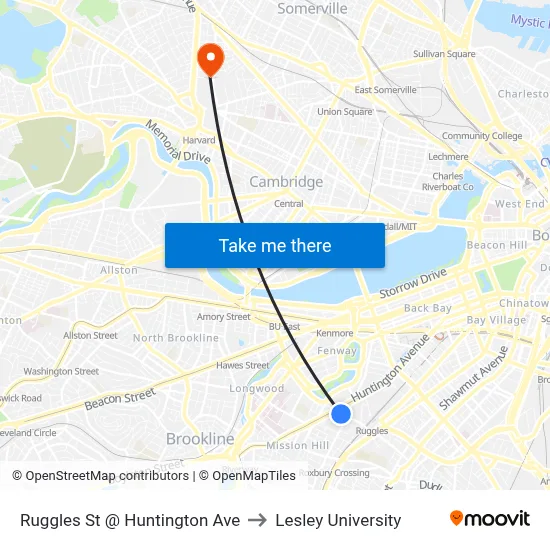 Ruggles St @ Huntington Ave to Lesley University map