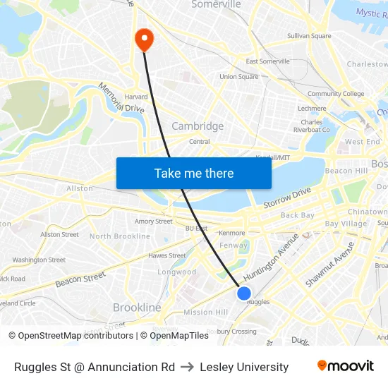 Ruggles St @ Annunciation Rd to Lesley University map