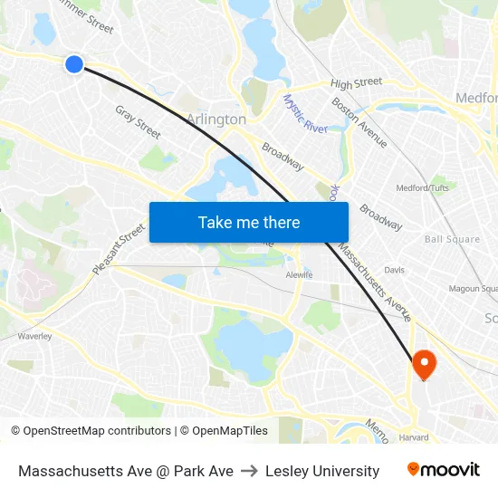 Massachusetts Ave @ Park Ave to Lesley University map