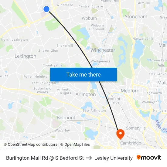 Burlington Mall Rd @ S Bedford St to Lesley University map