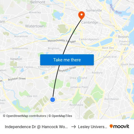 Independence Dr @ Hancock Woods to Lesley University map