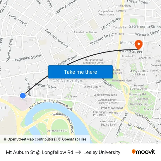 Mt Auburn St @ Longfellow Rd to Lesley University map