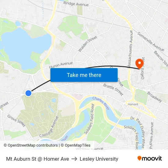 Mt Auburn St @ Homer Ave to Lesley University map